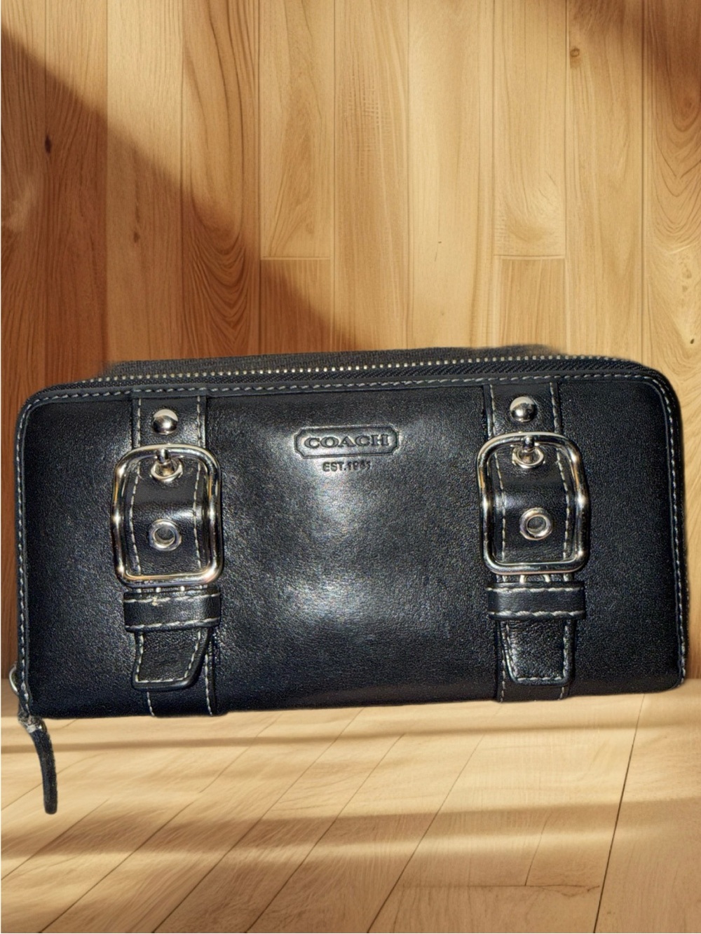 Coach Vintage SoHo Zoe Double Buckle Zip Around Wallet Black Leather